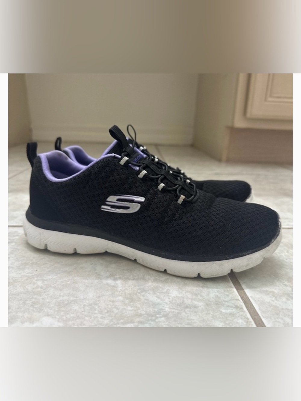 Skechers Black Knit Slip-On Sneakers with Lavender Lining